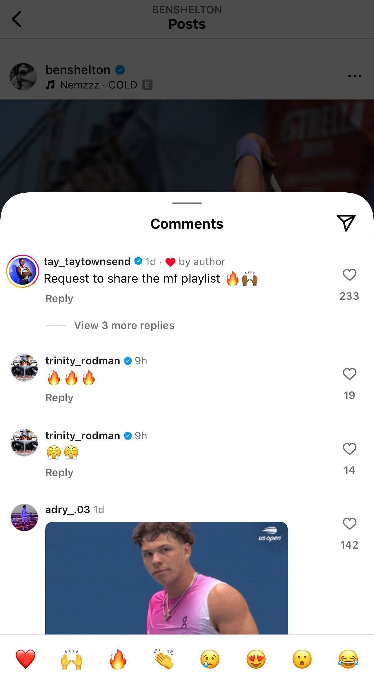 Trinity Rodman and Taylor Townsend's comments on Ben Shelton's Instagram post about his Wimbledon 2025 preparations (Source: Instagram/benshelton)